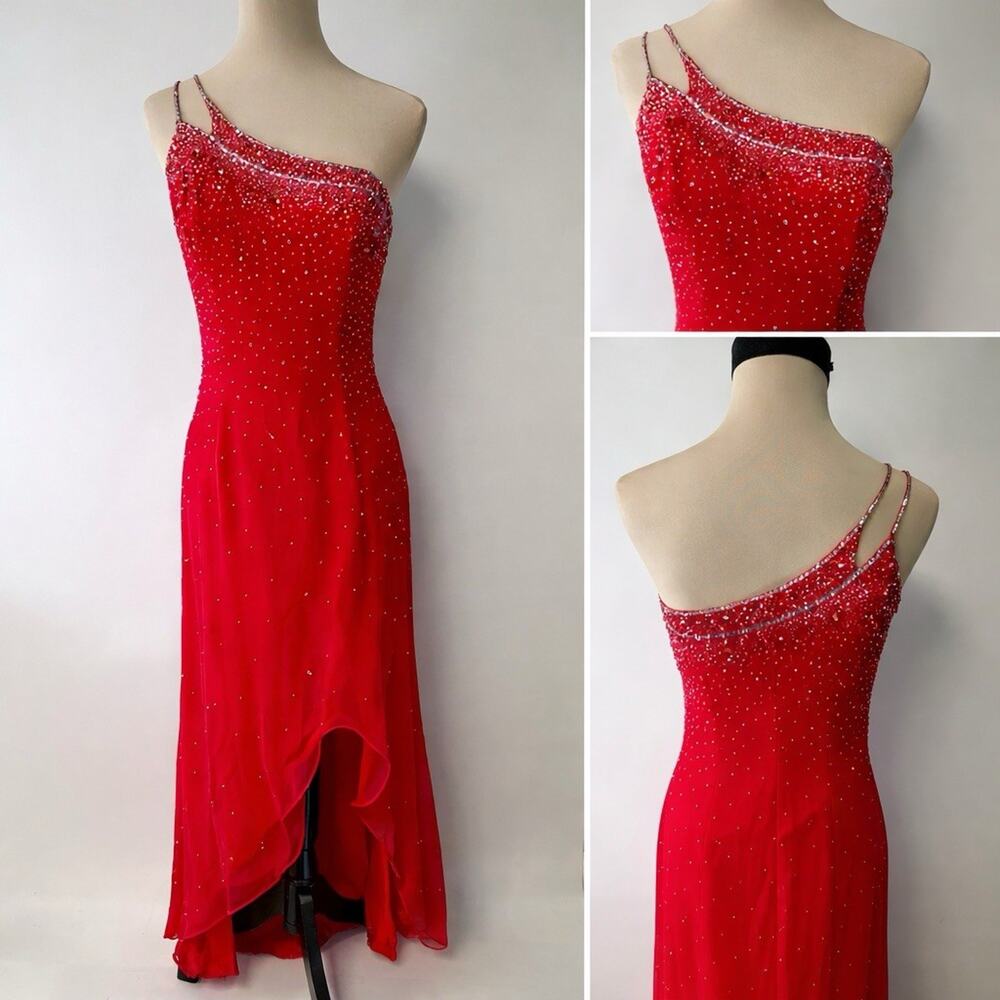 Vintage Prom Dress Maxi Gown Y2K 100% Silk Sz‎ 5 One-shoulder asymmetric Beaded